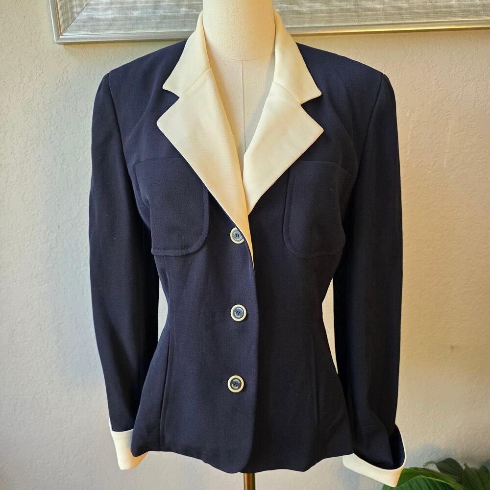 Wathne Women's Single Breasted 100% Wool Office Career Blazer Jacket Size 8 Navy